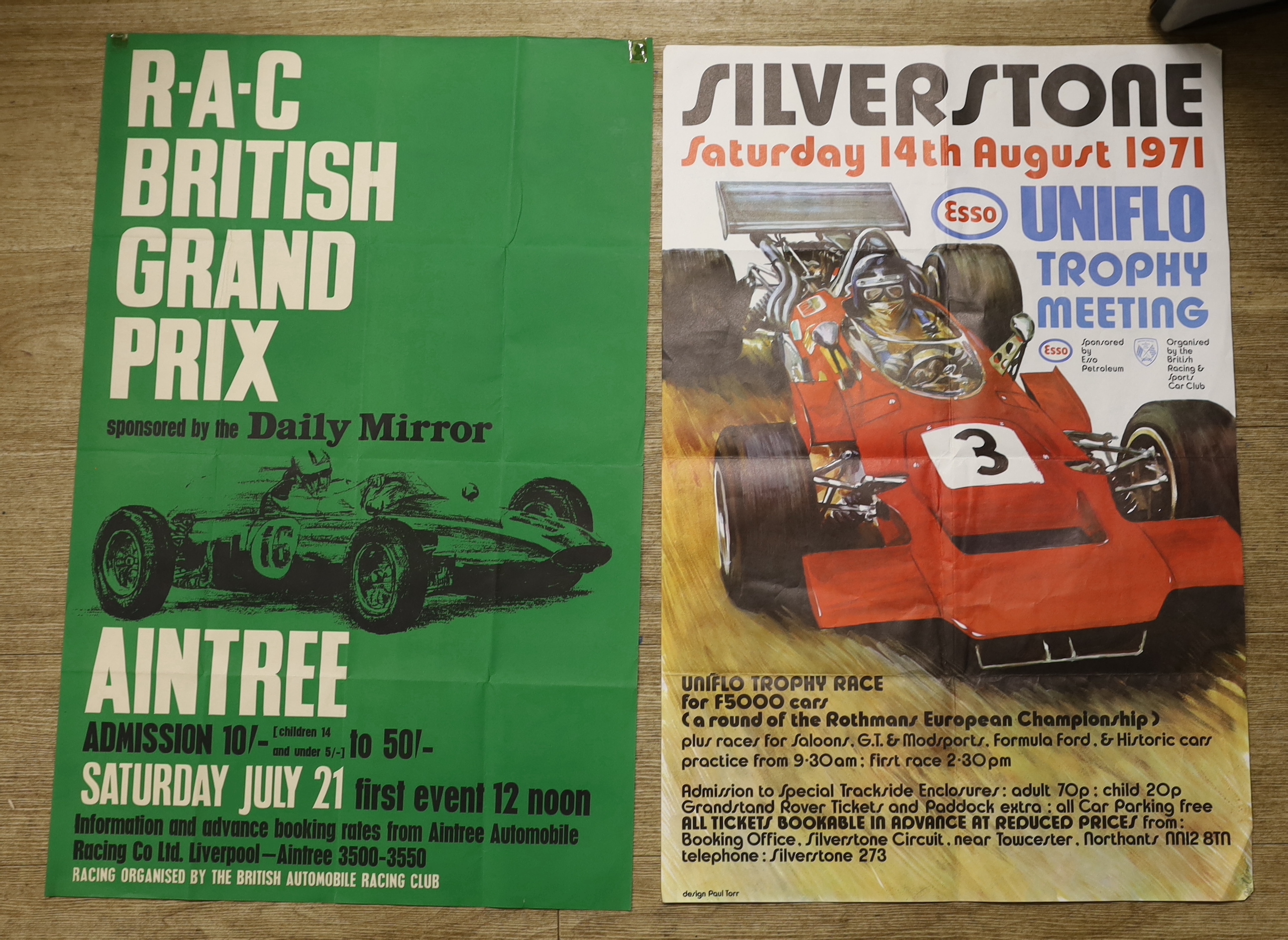 Two 1970s motor racing posters; Silverstone Uniflo Trophy Meeting, 14 August 1971, designed by Paul Torr, and an RAC British Grand Prix at Aintree, largest 77 x 50.5cm